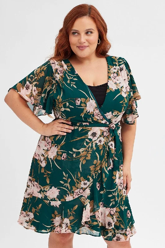 Shop and Save Green Floral Fit And Flare Dress Short Sleeve Wrap