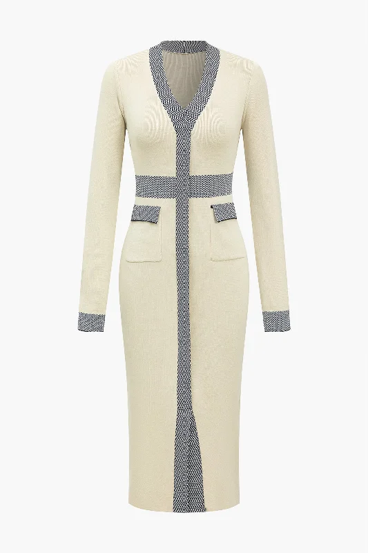 Sale Event Illusion Pattern Print Pocket Long-Sleeve Sweater Dress