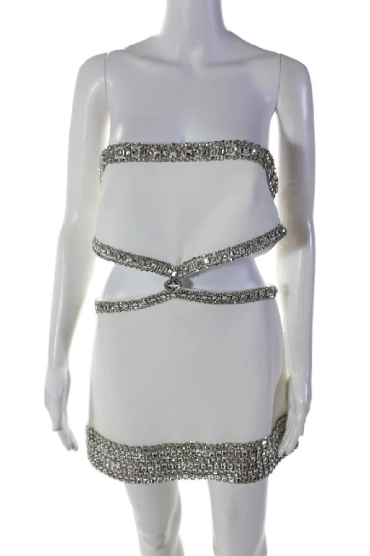 YEAR-End Sale Retrofete Womens Back Zip Strapless Cut Out Crystal Mini Dress White
