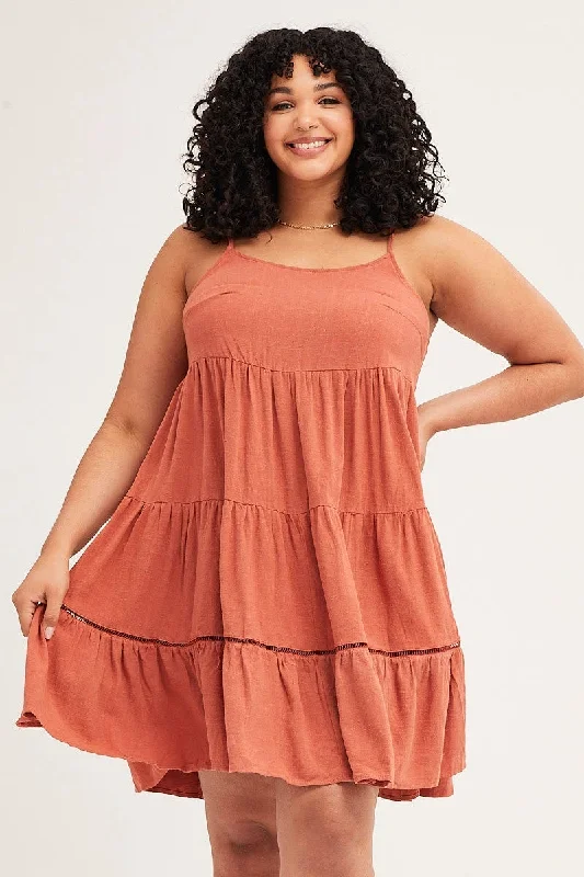 Final Clearance Brown Sleeveless Linen Blend Tiered Swing Dress