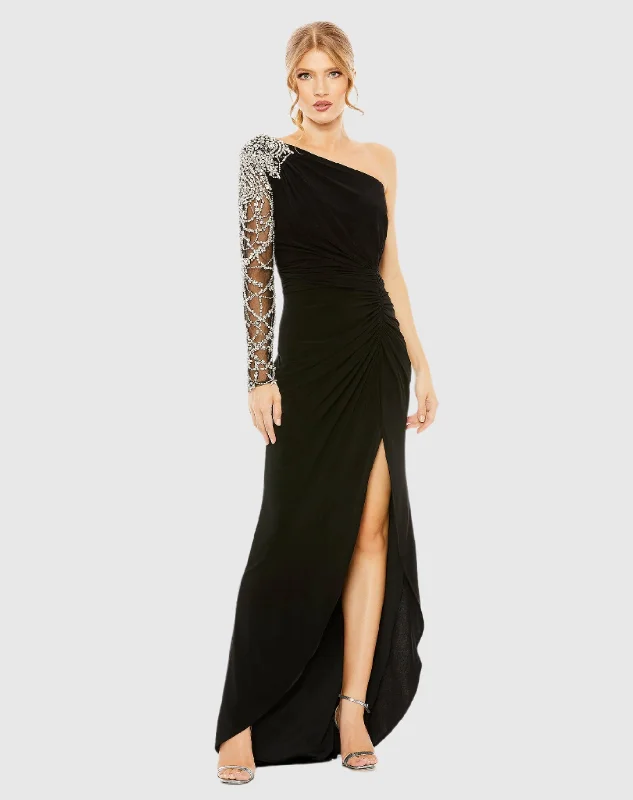 Exclusive Preview Black Embellished One Shoulder Long Sleeve Gown