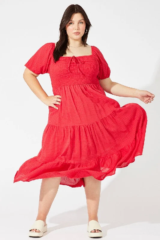 Stock Clearance Red Midi Dress Short Sleeve Shirred