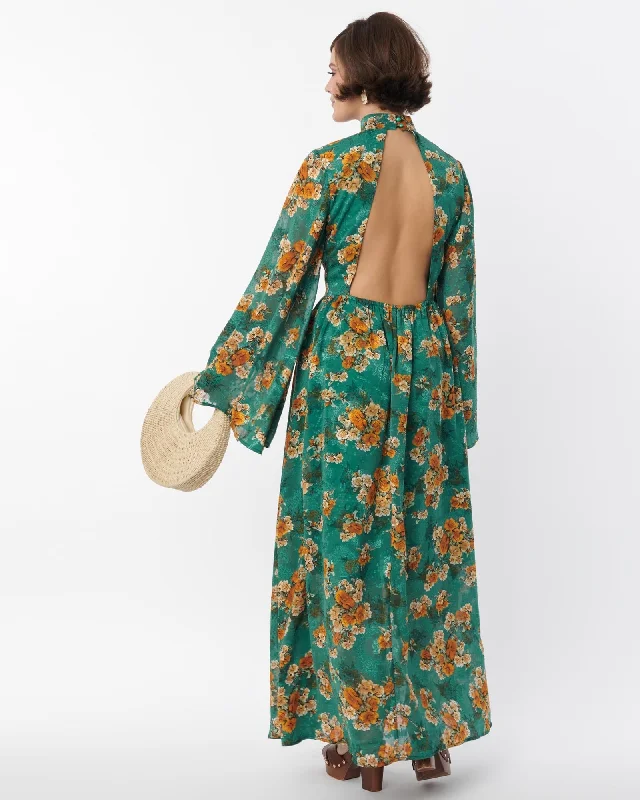 Stock Clearance Unique Vintage Green & Orange Floral Bell Sleeve Maxi Dress | Green, Orange, Floral Stock Clearance Unique Vintage Green & Orange Floral Bell Sleeve Maxi Dress | Green, Orange, Floral