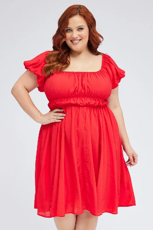 Deal Frenzy Red Fit And Flare Dress Short Sleeve Ruched