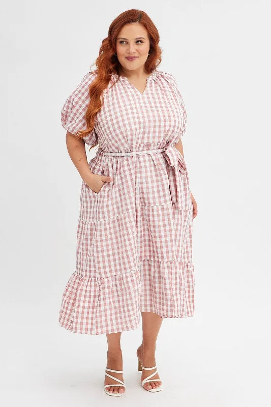 Extra Discounts Pink Check Midi Dress Gingham Tie Waist Collared