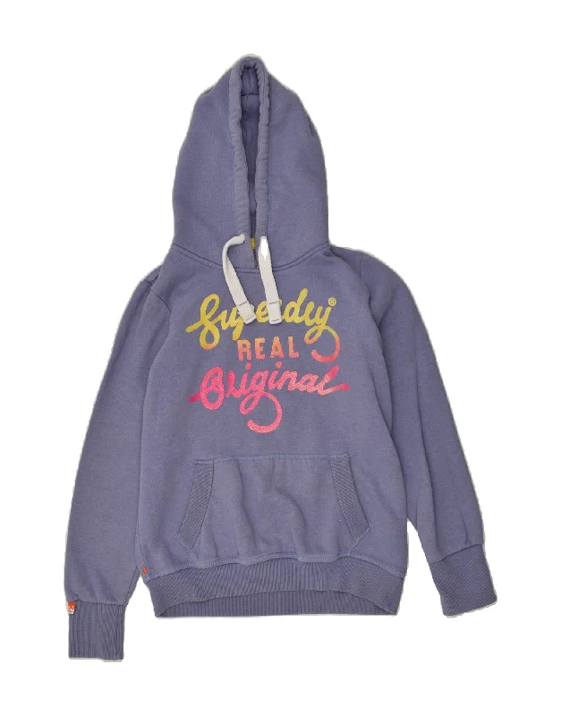 Super Deal SUPERDRY Womens Graphic Hoodie Jumper UK 14 Large Purple Cotton
