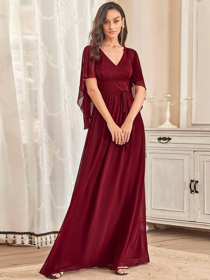 Fantastic Offers Elegant Maxi V Neck Chiffon Wedding Guest Dress with Sleeves