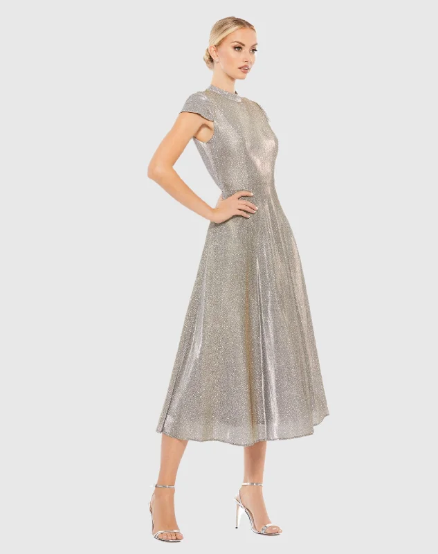 Now or Never Metallic Cap Sleeve Tea-Length Dress