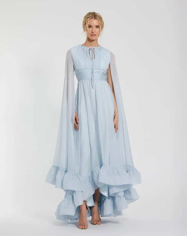 Time-Limited Offer Blue Chiffon Cape Sleeve Dress With Keyhole