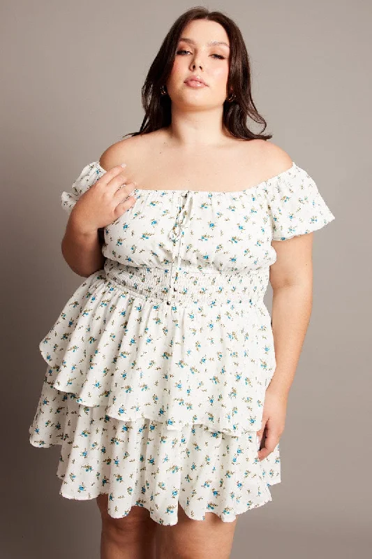 Deal Dash Blue Ditsy Shirred Waist Tiered Minidress