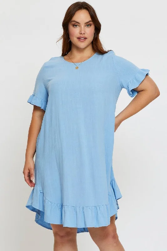 Big Discounts Blue Smock Dress Round Neck Short Sleeve Ruffle Hem