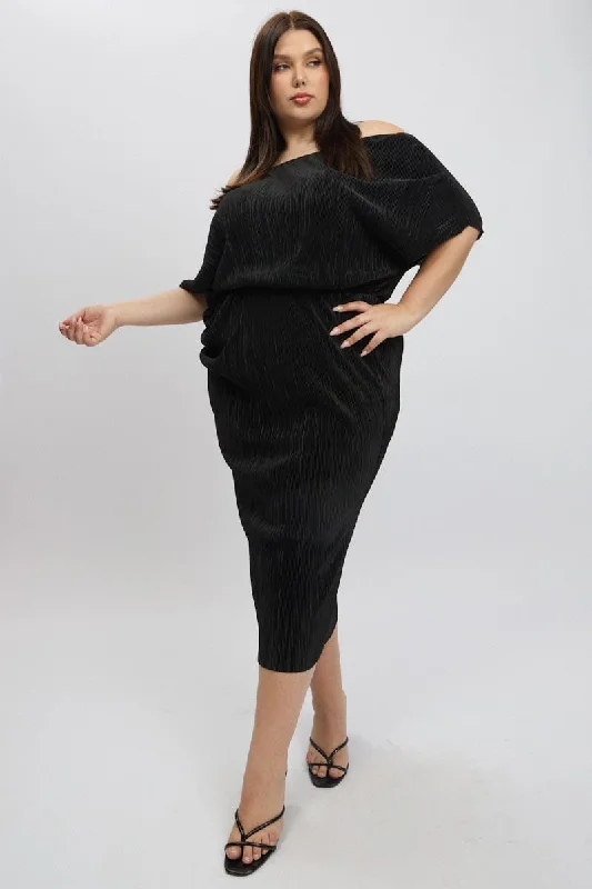 Anniversary Sale Black Asymmetric Plisse Midi Dress