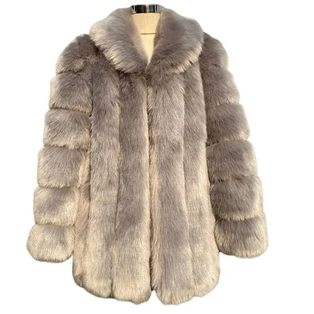 Super Sale HQL Design Women's Fine Fashion Premium Quality Elegant Champagne Gray Faux Fur Collar Coat Jacket