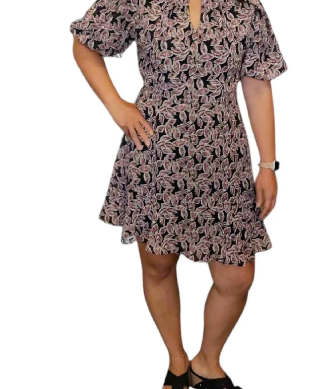 Special Discount Puff Sleeve Print Midi Dress In Black