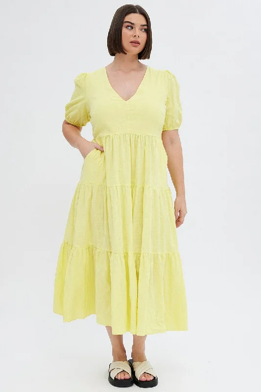 Special Savings Yellow Maxi Dress Tiered Puff Sleeve V-neck