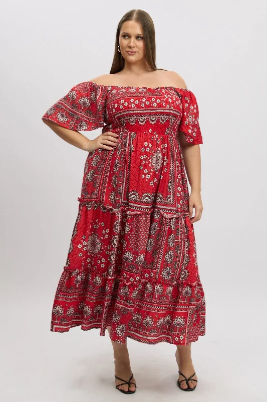 Overstock Red Boho Maxi Dress Short Sleeve Tiered