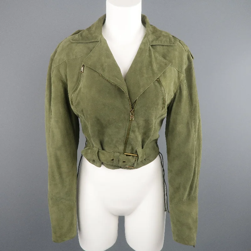 New Arrival RALPH LAUREN Size 6 Olive Suede Cropped Lace Up Biker Jacket
