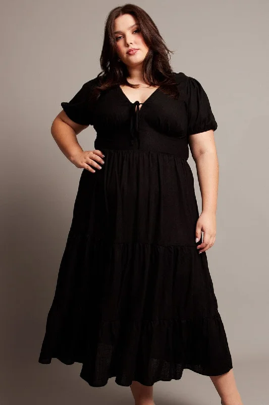 Year-End Sale Black Midi Dress Short Sleeve Linen Blend