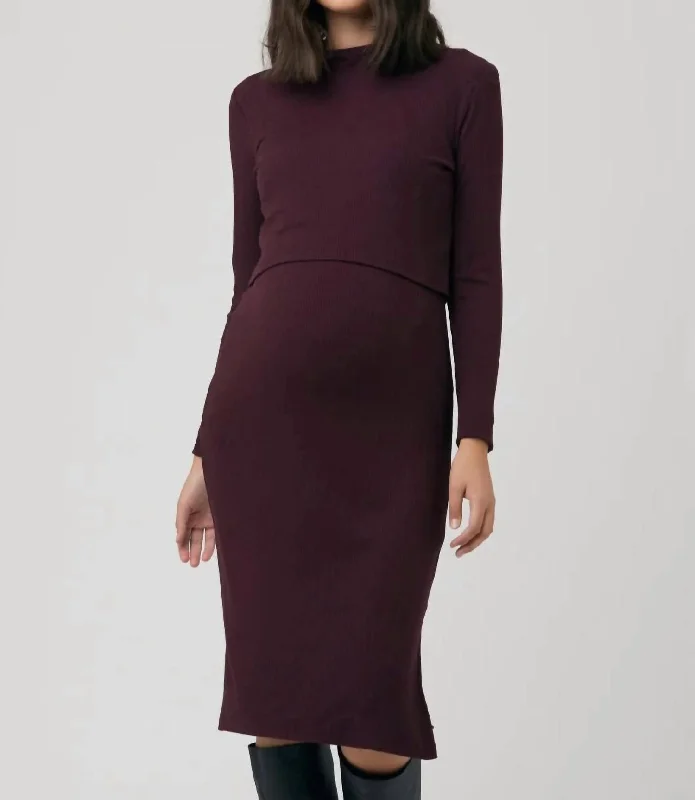 Limited Availability Ruby Ribbed Nursing Dress In Maroon