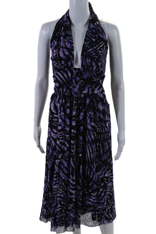 Hurry In Fuzzi Womens Purple Printed Halter Neck Sleeveless Shift Dress