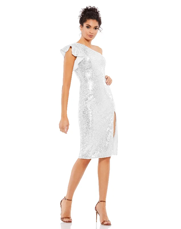 Midnight Madness Sequined Flutter One Shoulder Fitted Midi Dress