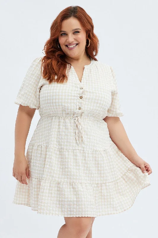 Today’s Deal Camel Check Shirt Dress Short Sleeve Tiered