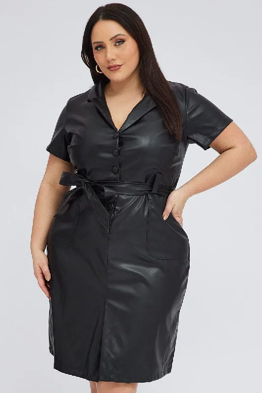 Blowout Sale Black Faux Leather Dress Knee Length Short Sleeve Belt
