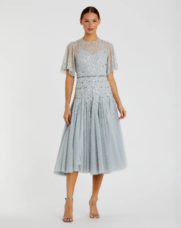 Extra Discounts Blue Cape Sleeve Beaded Tea Length A-line Dress