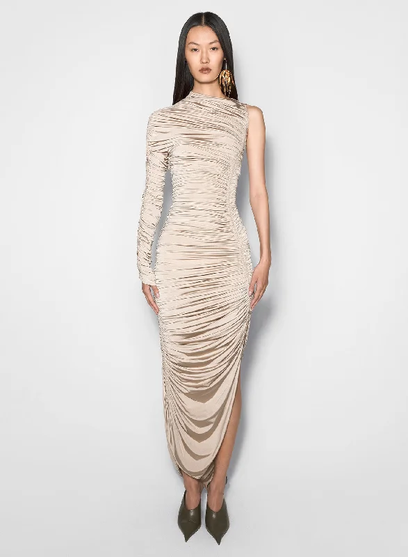 Price Drop champagne asymmetrical pierced ruched dress