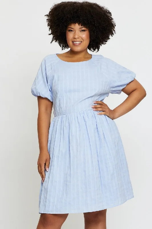Online Specials Blue Skater Dress Round Neck Short Sleeve
