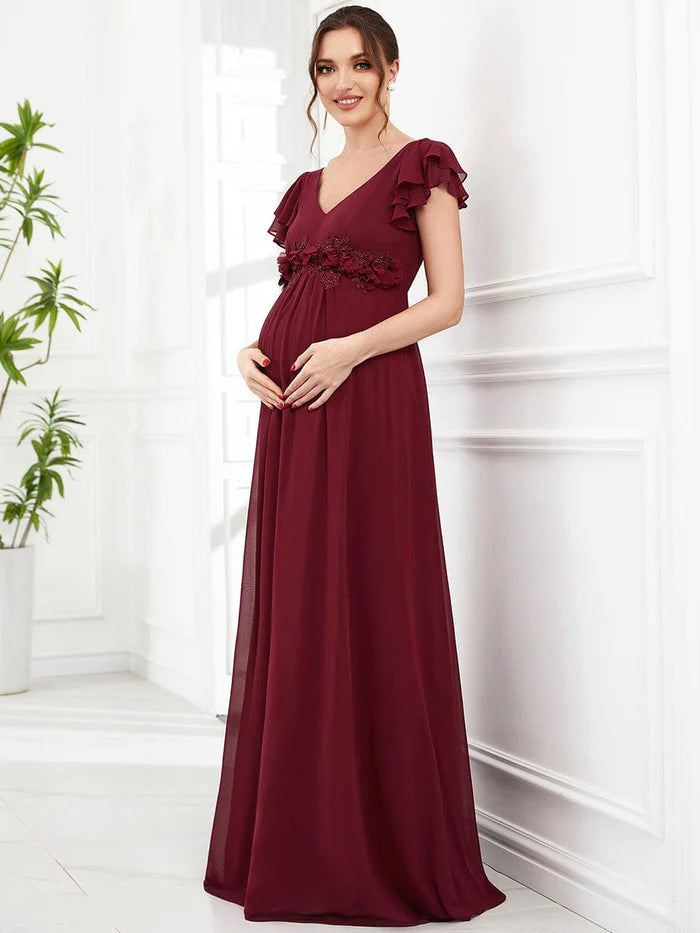 Price Smash Chiffon Ruffled Short Sleeve Corsage A-Line Maternity Dress