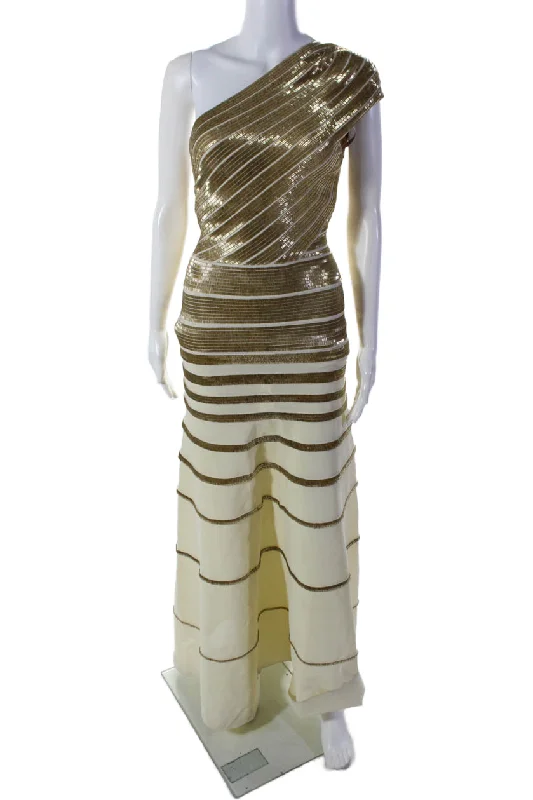 Exclusive Offers Herve Leger Womens Back Zip One Shoulder Beaded Gown White Gold Tone