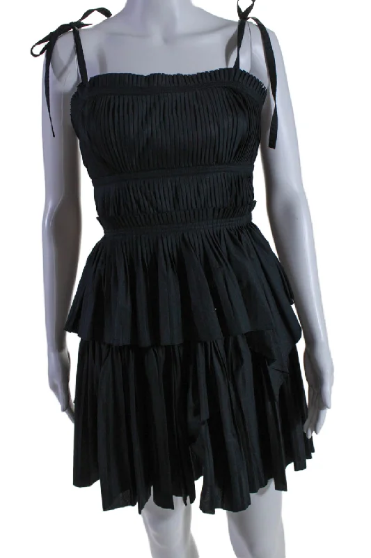 Don't Wait Ulla Johnson Womens Cotton Pleated Textured Tiered Zipped Dress Black