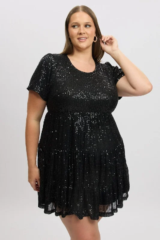 Sneak Peek Sale Black Sequin Tiered Swing Dress