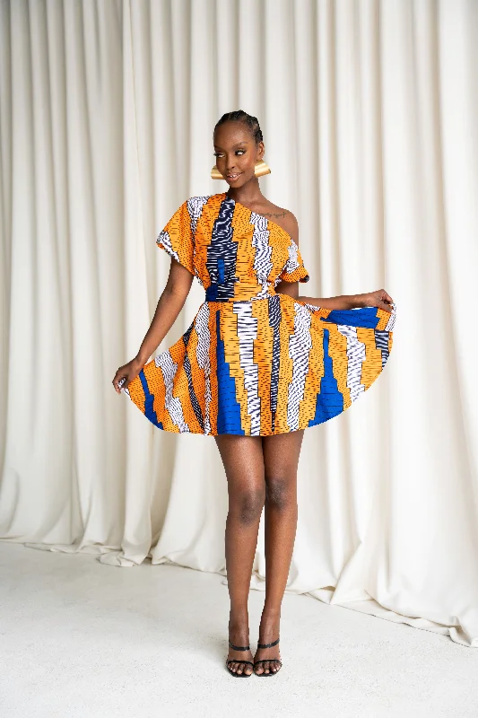 Savings Bonanza SOMIE African Print One-shoulder Mini Dress