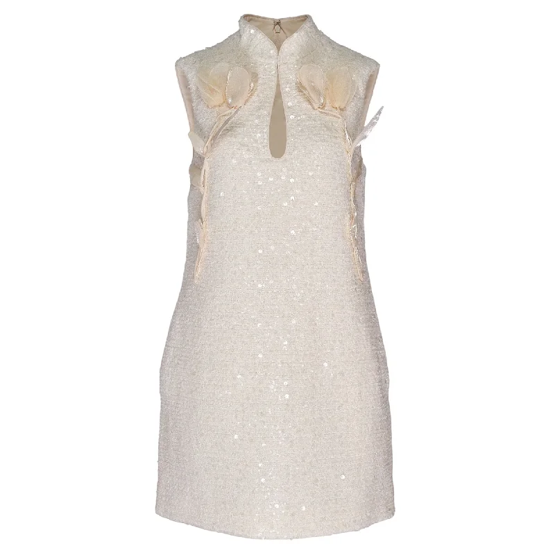 Low Prices Cream Boucle Flower Motif Mini Dress