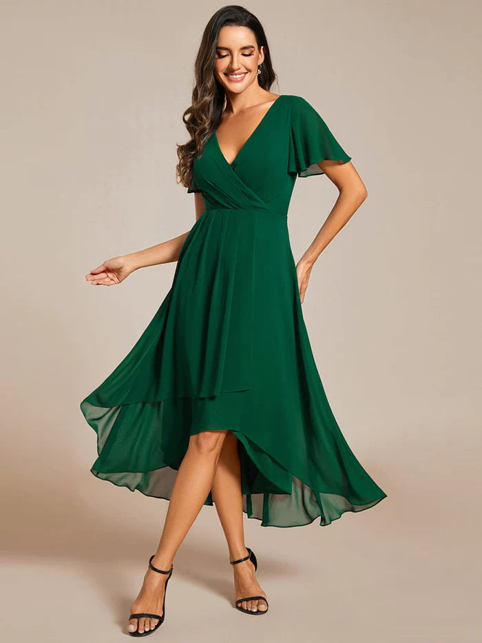 Value Deals Ruffles Sleeve Pleated V-Neck A-Line Midi Chiffon Wedding Guest Dress