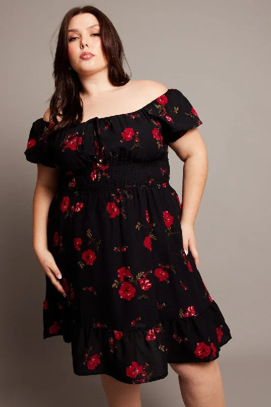 Price Rollback Black Floral Shirred Waist Frill Hem Minidress