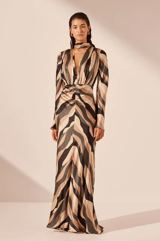 Daily Specials KORI SILK PLUNGED LONG SLEEVE MAXI DRESS