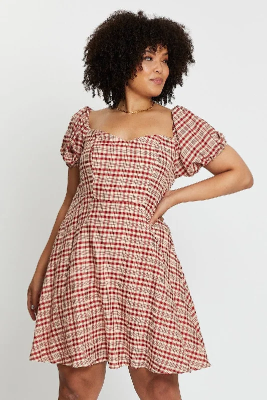 Fantastic Offers Check Short Bubble Sleeve Skater Dress