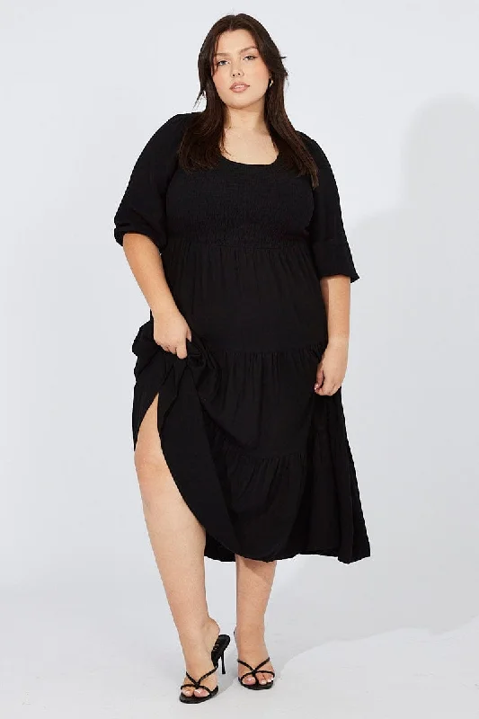 Early Access Black Shirred Bodice Linen Blend Maxidress Puff Sleeve