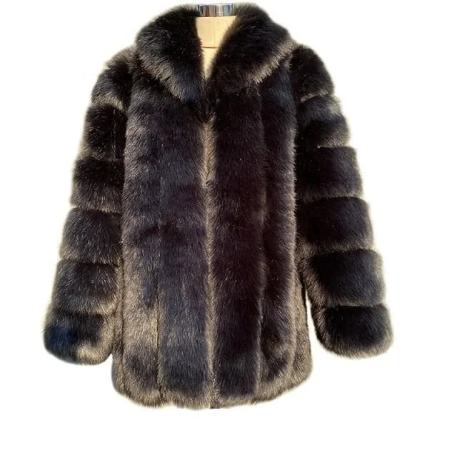 Holiday Sale HQL Design Women's Fine Fashion Premium Quality Elegant Black Faux Fur Collar Coat