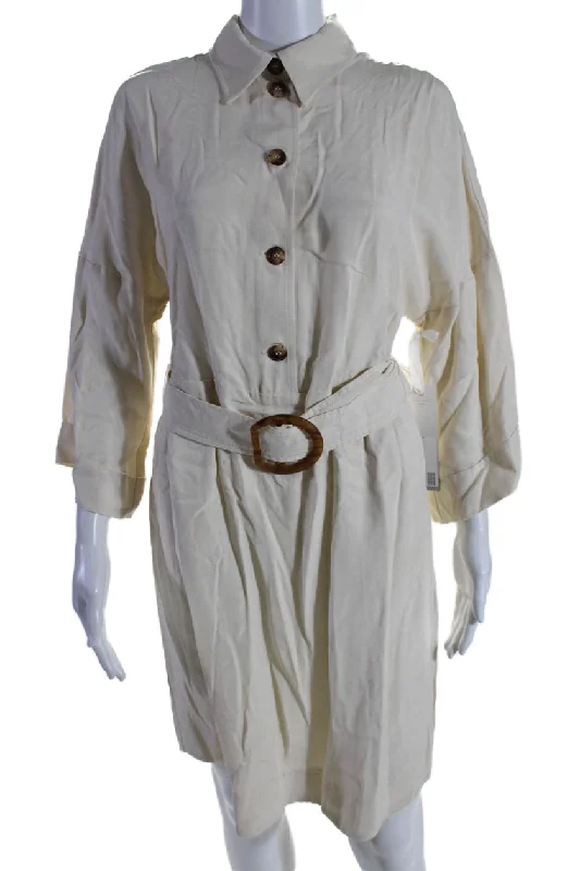 Don't Wait I By Iris Setlakwe Womens 3/4 Sleeve Collared Belted Shirt Dress White