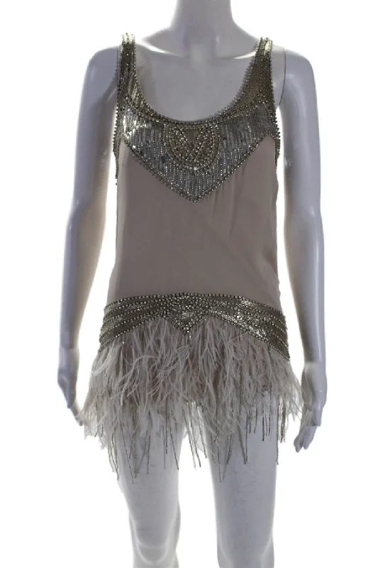 Value Deals Haute Hippie Womens Beige Crystal Feather Detail Scoop Neck Mini Dress