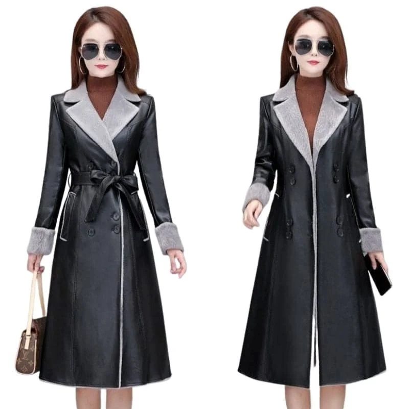 Hurry In BELLA Design Women's Fine Fashion Genuine Leather Cashmere Plush Fur Coat