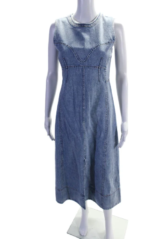 Special Discount Tanya Taylor Womens Denim Sleeveless Front Slit A Line Marion Dress Blue