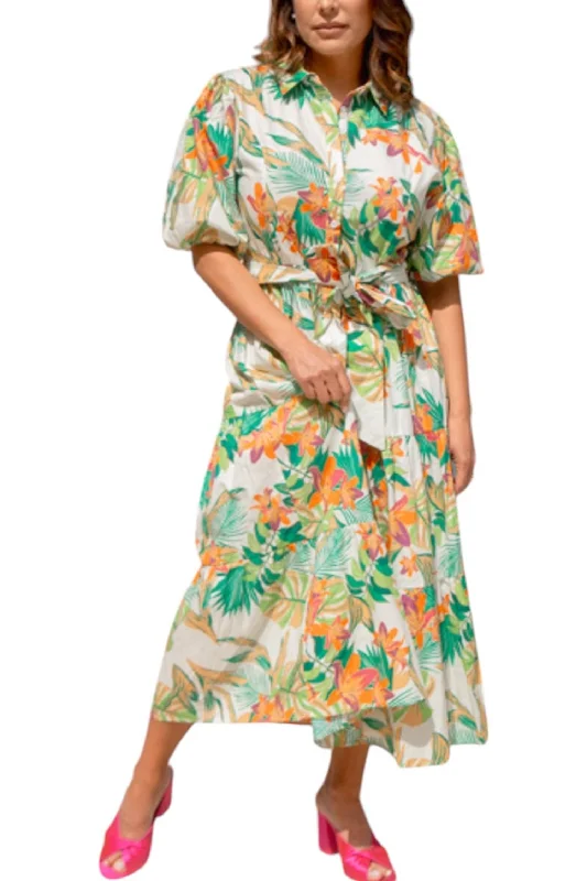 Special Discount Tropical Print Short Sleeve Midi Dress In White, Green