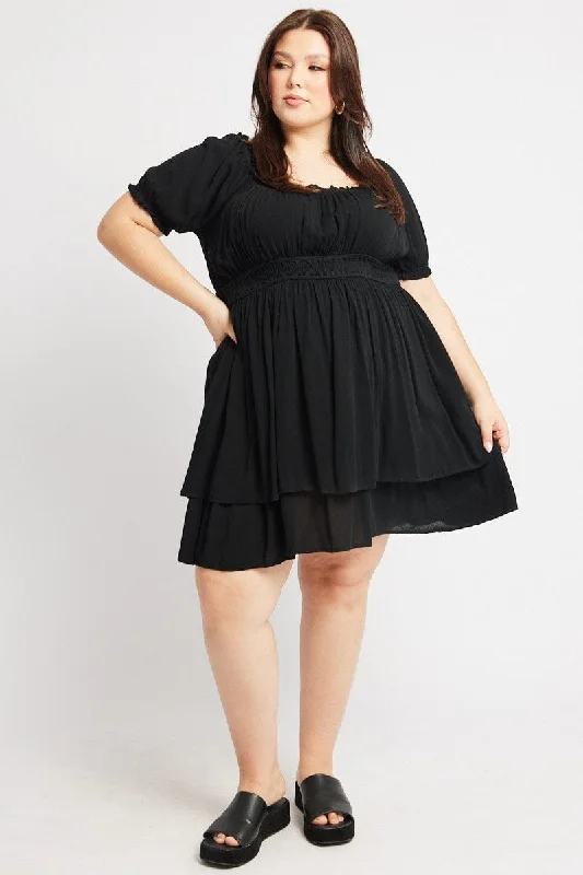 Discount Extravaganza Black Shirred Waist Crinkle Scoop Neck Minidress