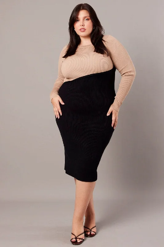 Reduced Prices Beige Knit Dress Long Sleeve Color Block