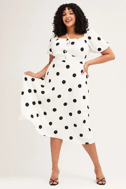 Year-End Clearance Polka Dot Midi Dress Square Neck Short Sleeve
